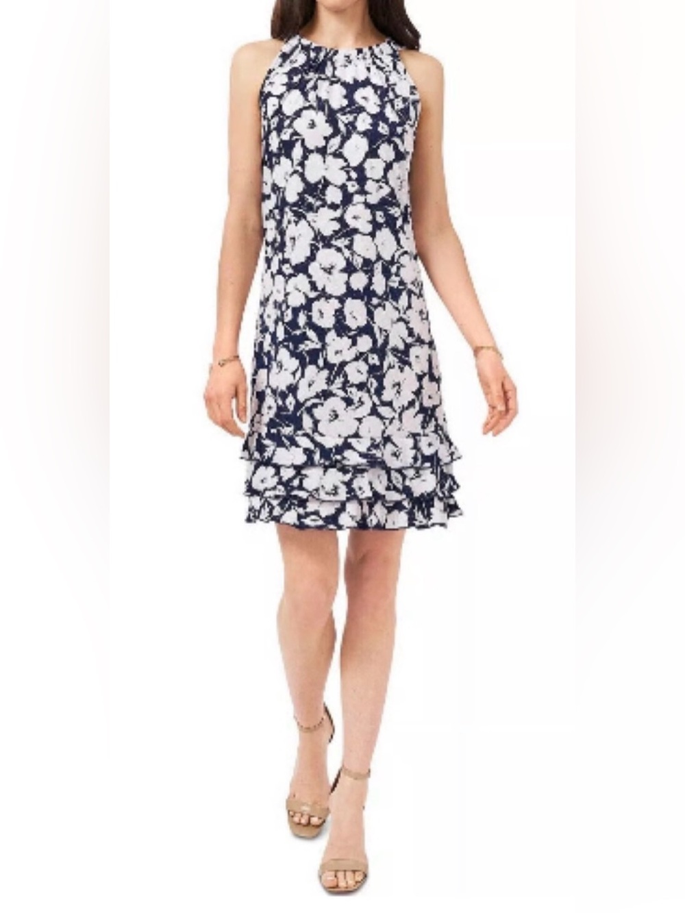 MSK Navy/White Floral A-Line Sleeveless Shimmery Dress Size L Ruffled Hemline